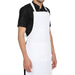 White bib apron flat lay — adjustable neck buckle and waist tie