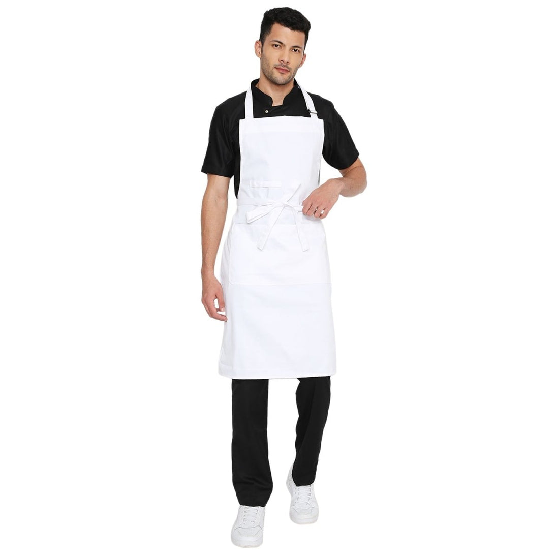 White full bib kitchen apron front view — polycotton, adjustable neck strap