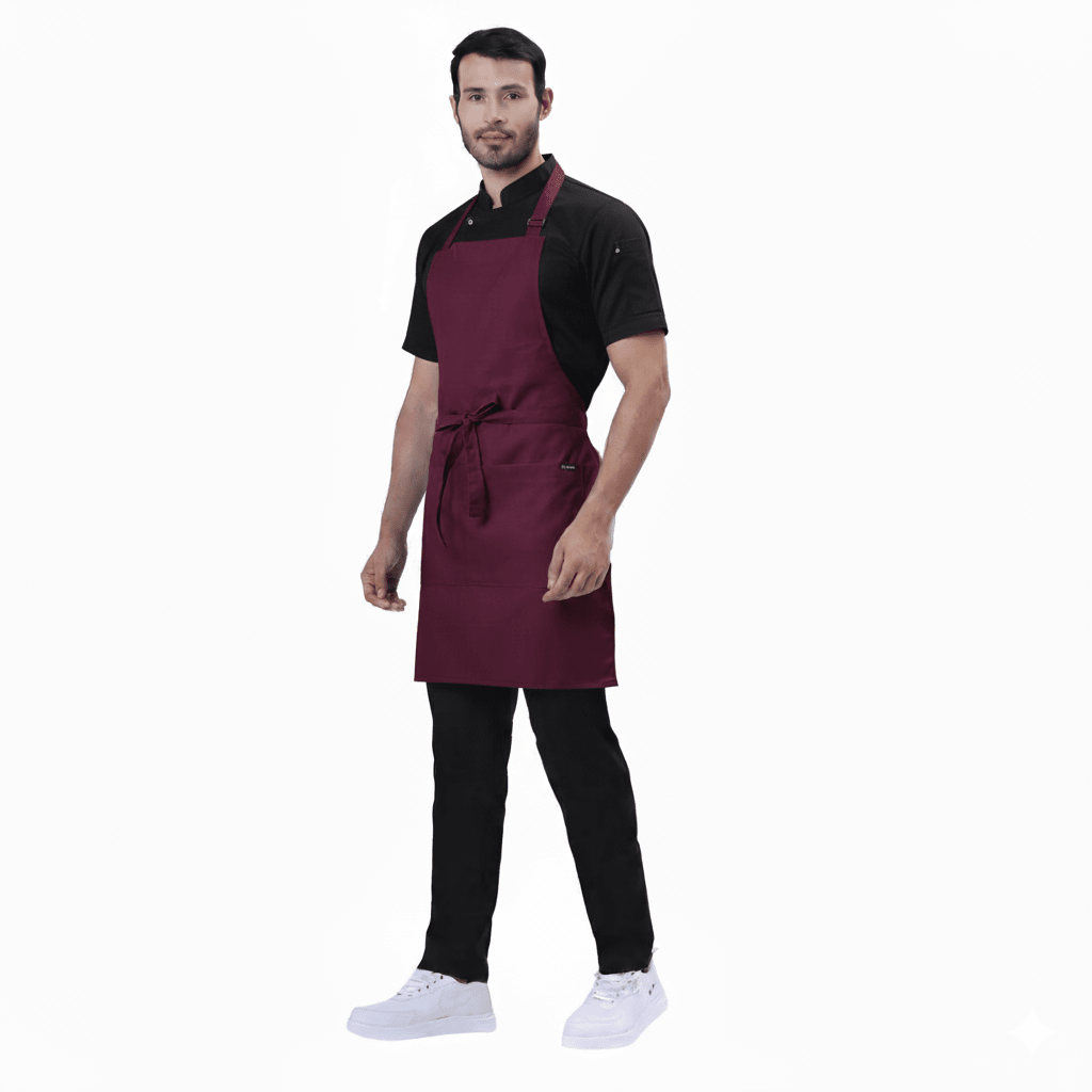 Wine kitchen apron front view — polycotton, adjustable neck strap, front pocket