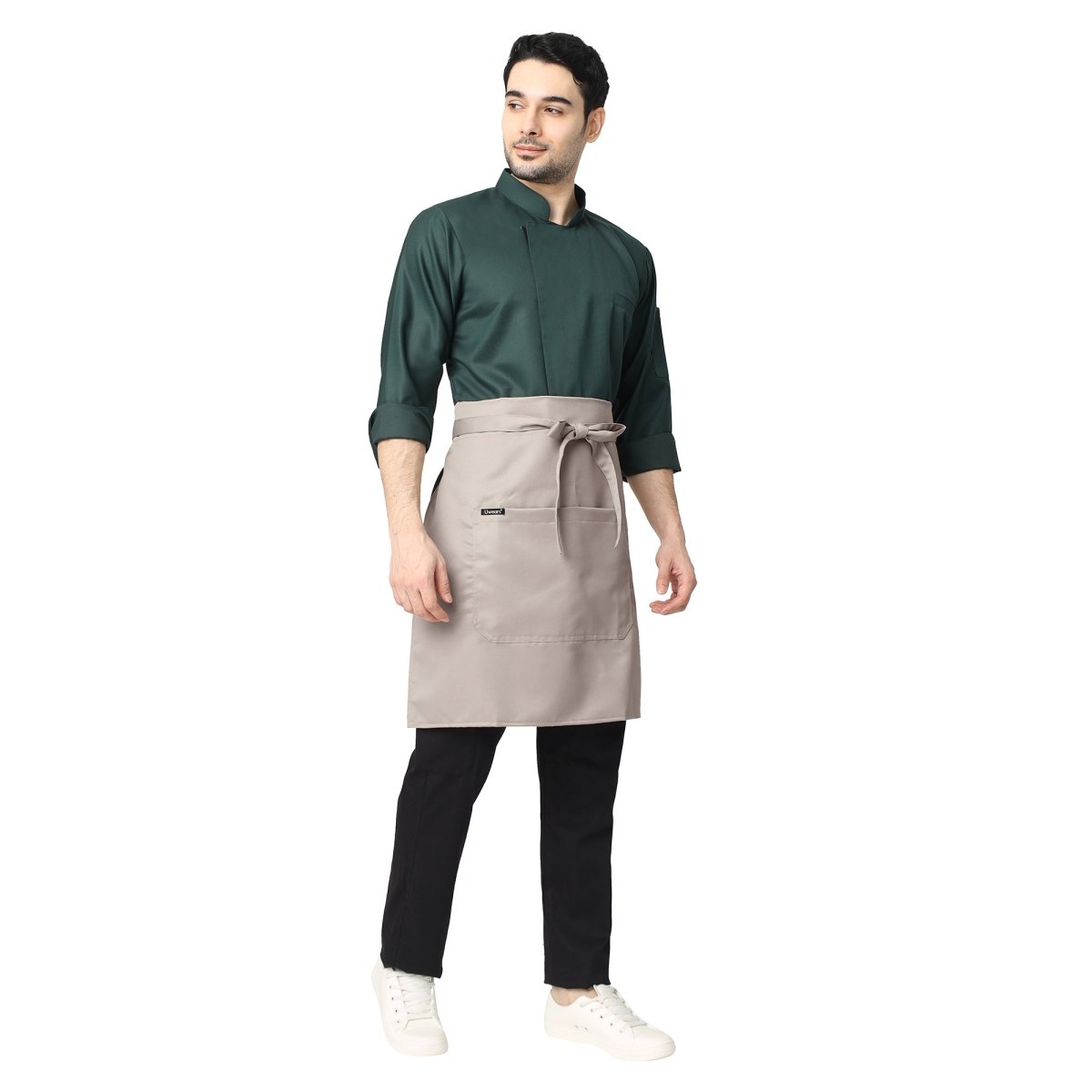 Sand beige service apron on model — waiter and cafe staff uniform India
