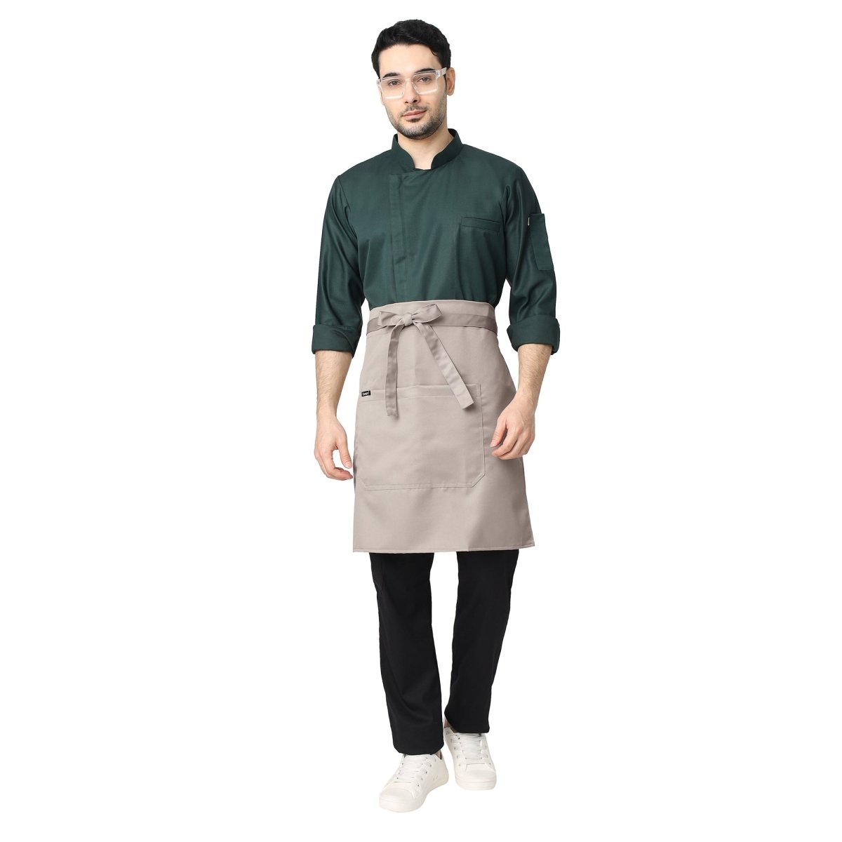 Sand beige service waist apron front view — polycotton, long waist tie, pocket