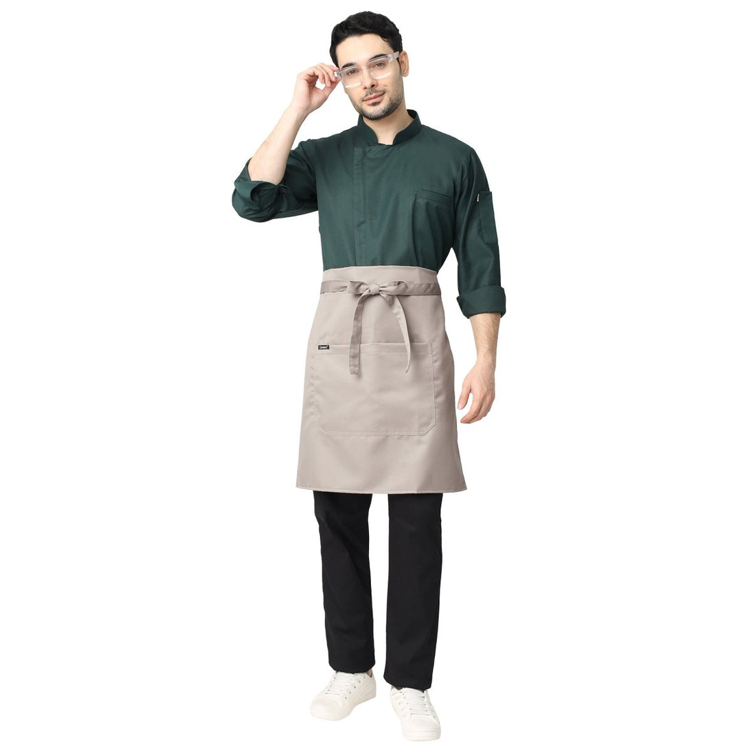 Sand beige waist apron back view showing tie knot