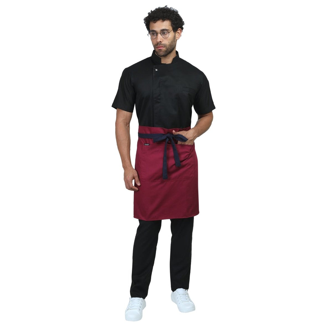 Berry service waist apron front view — polycotton, long waist tie, pocket