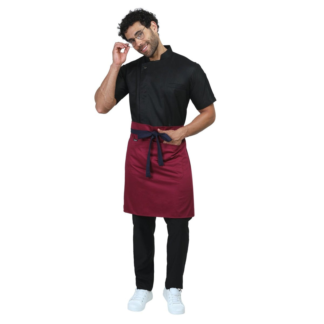 Berry waist apron back view showing tie knot