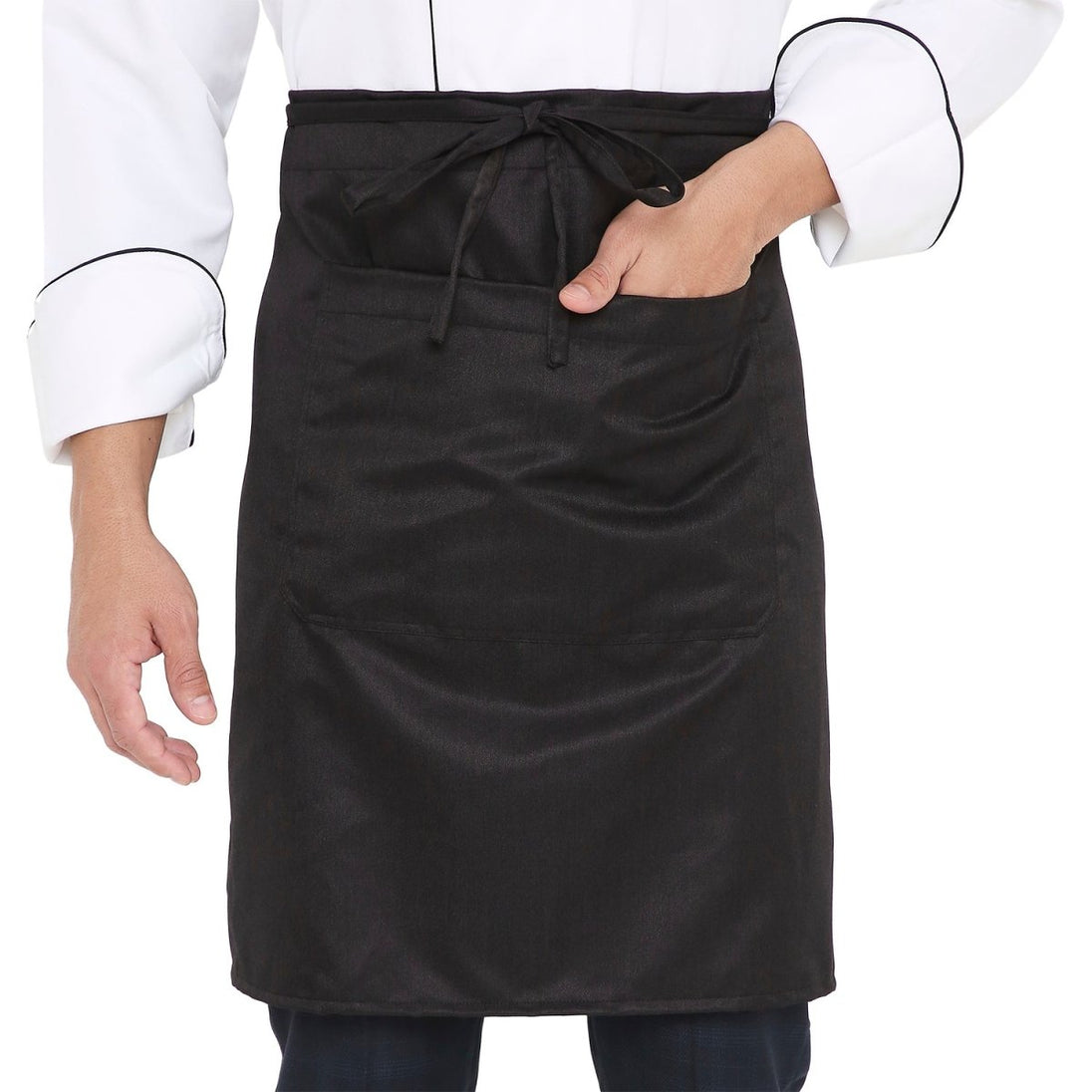 Black service waist apron front view — polycotton, long waist tie, pocket