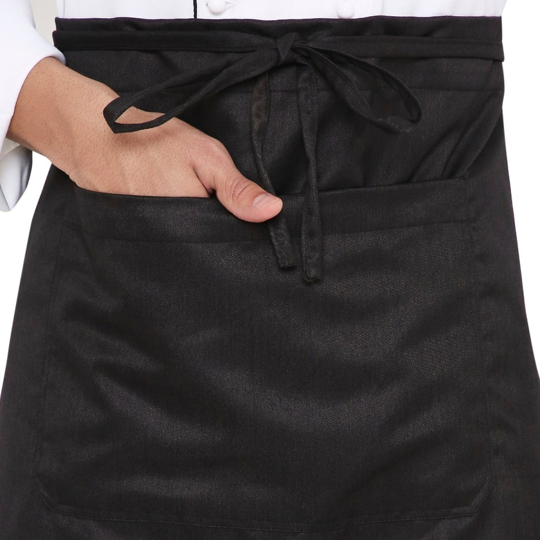 Black waist apron back view showing tie knot