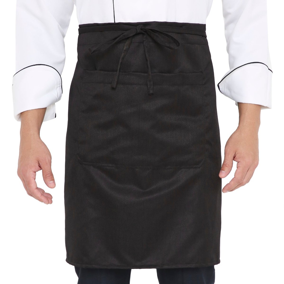 Black service waist apron flat lay — restaurant uniform India