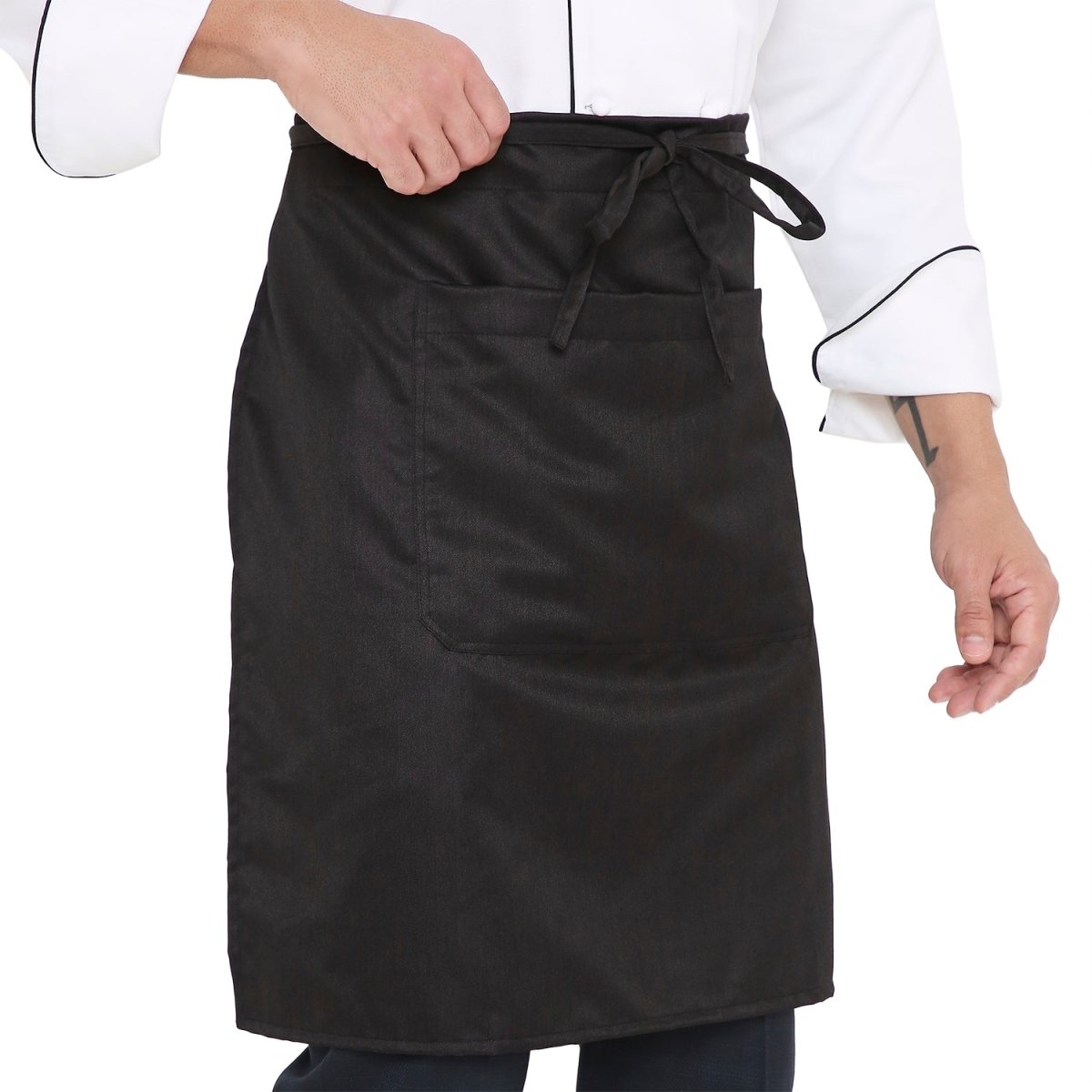 Black service apron on model — waiter and cafe staff uniform India