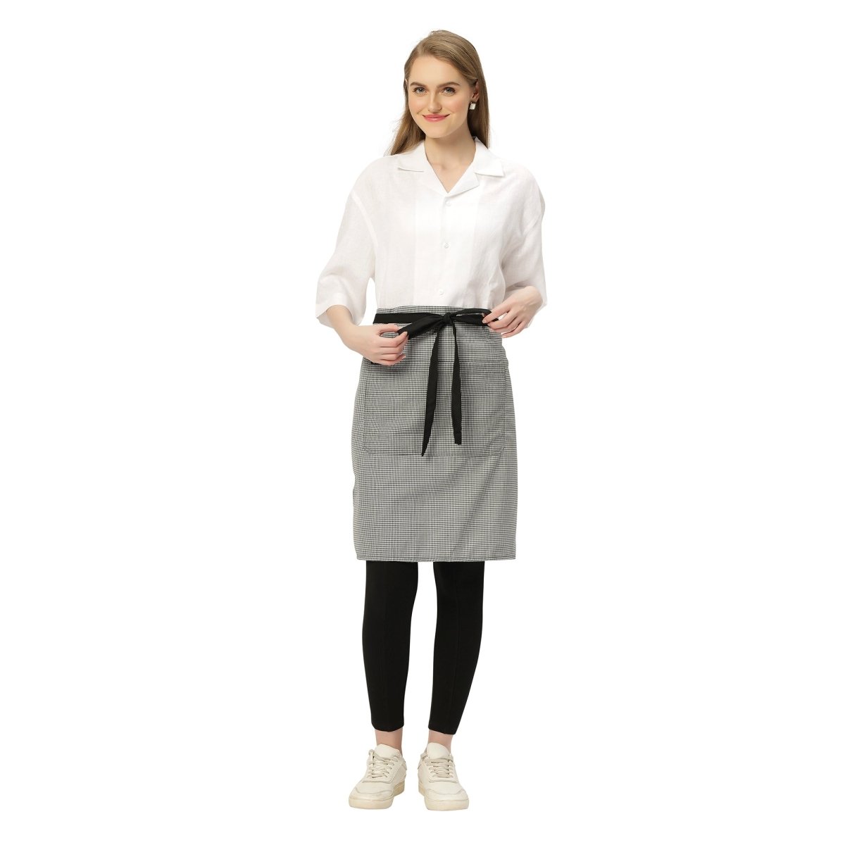 Checks waist apron pocket detail — front pocket for order pad and pen