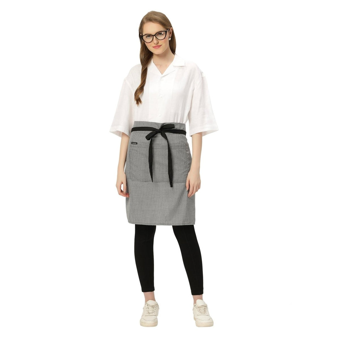 Checks service waist apron front view — polycotton, long waist tie, pocket