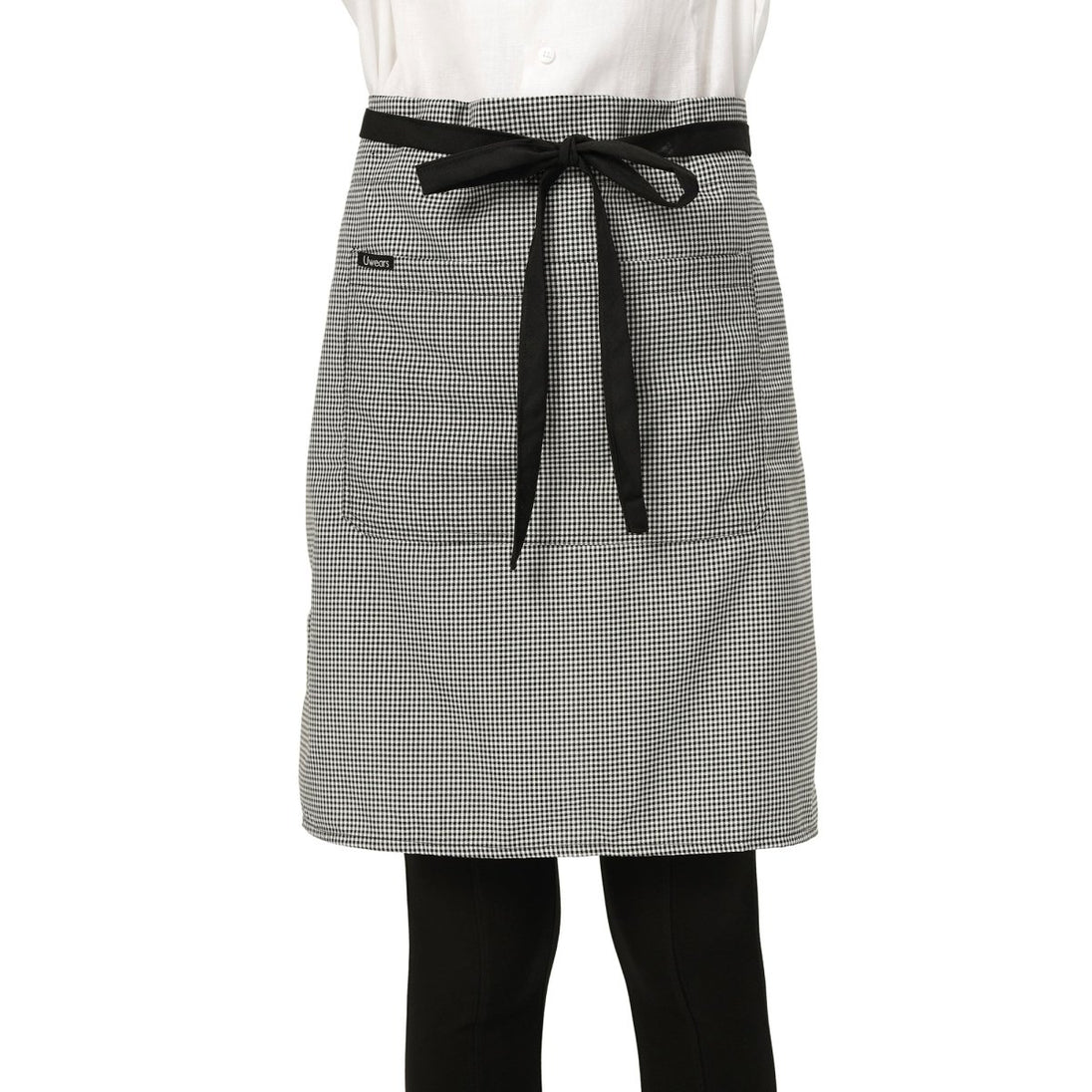Checks waist apron back view showing tie knot