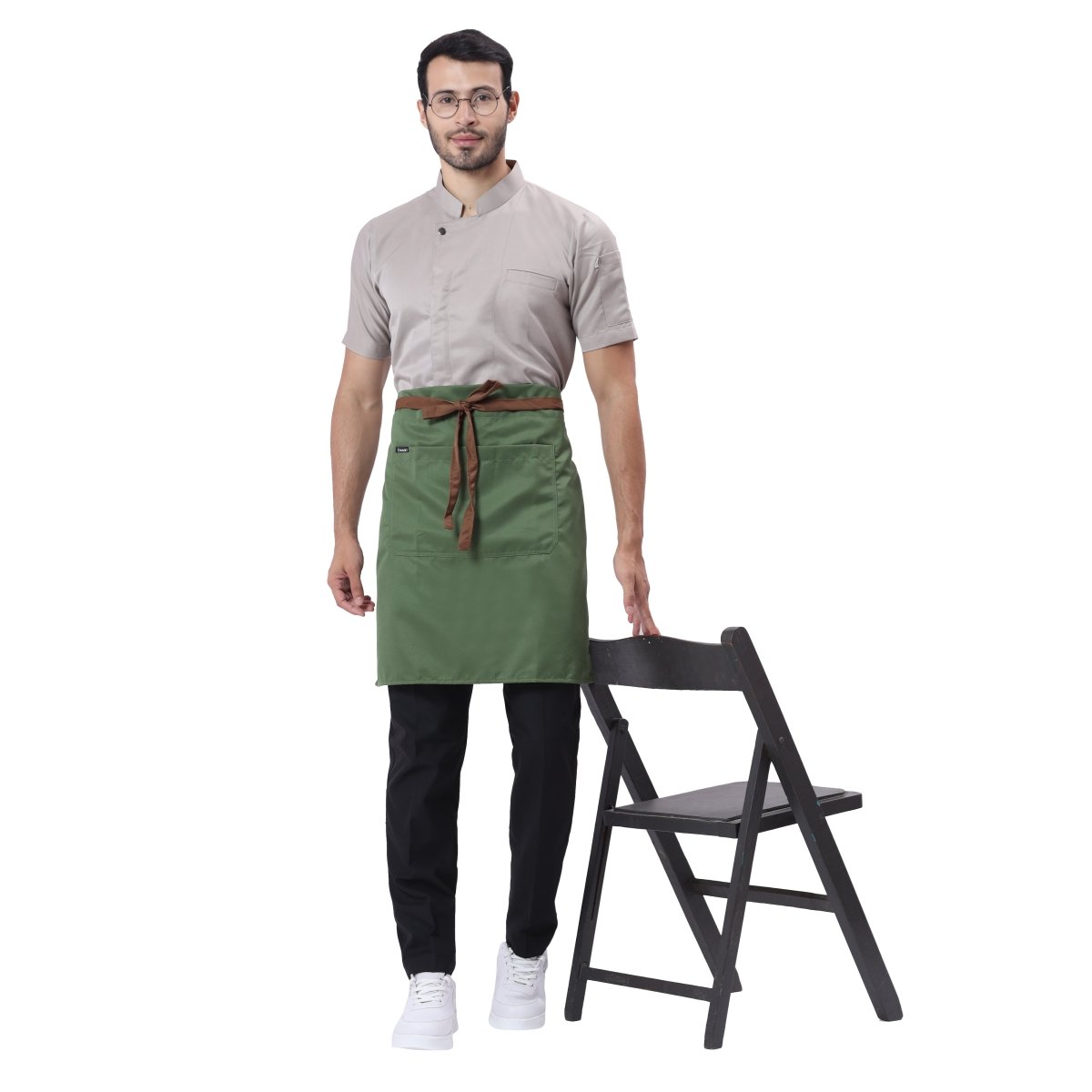 Green and brown service waist apron front view — polycotton, long waist tie