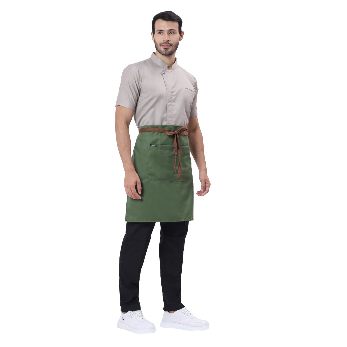 Green brown waist apron pocket detail — front pocket for order pad and pen