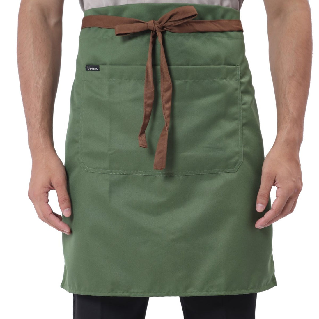 Green brown service apron on model — waiter and cafe staff uniform India