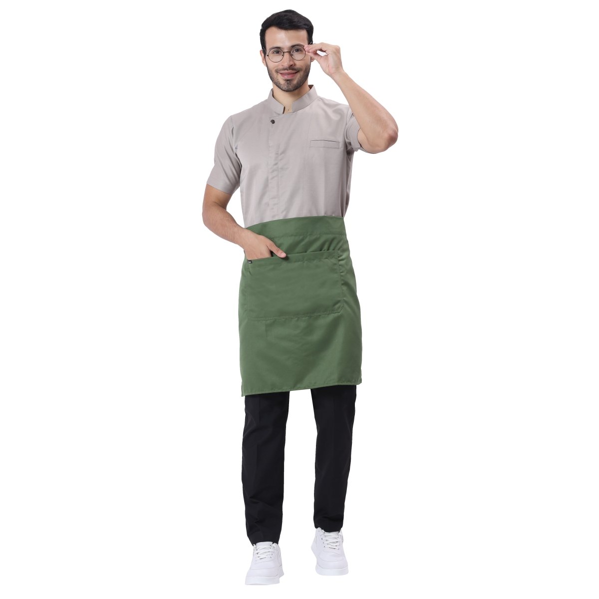 Green brown service waist apron flat lay — restaurant and cafe uniform India