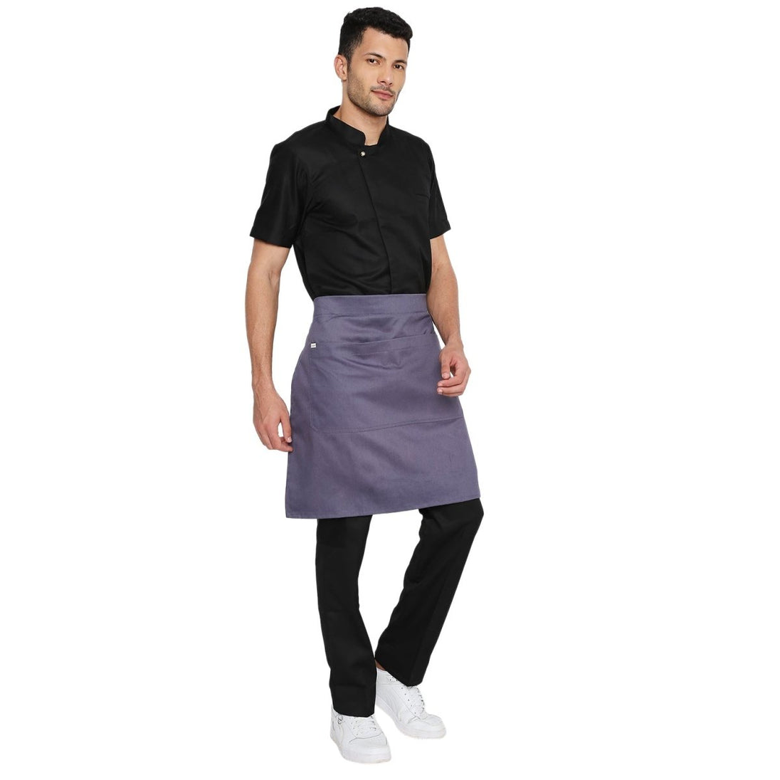 Grey service apron on model — waiter and cafe staff uniform India