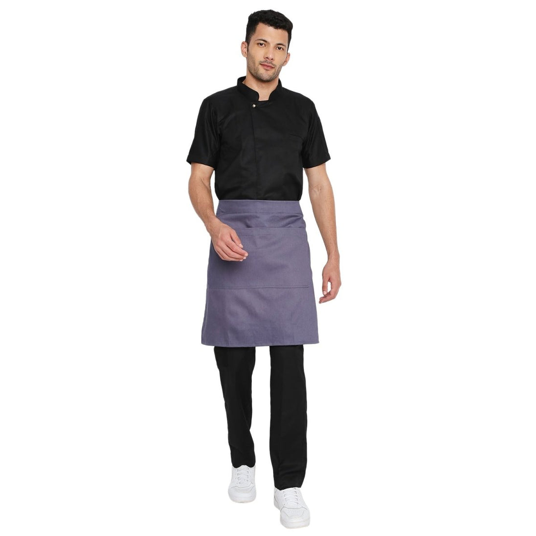 Grey waist apron back view showing tie knot
