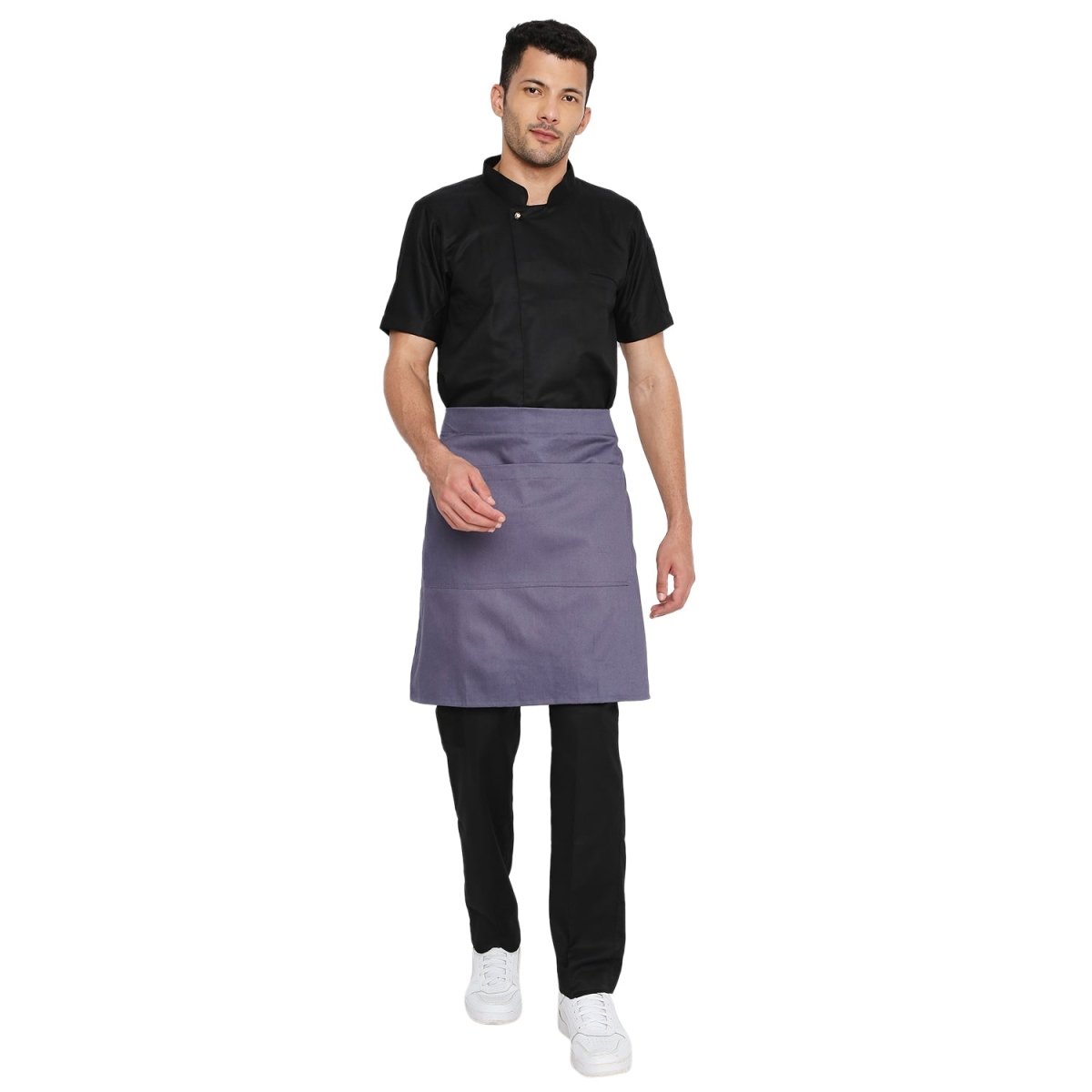 Grey waist apron back view showing tie knot
