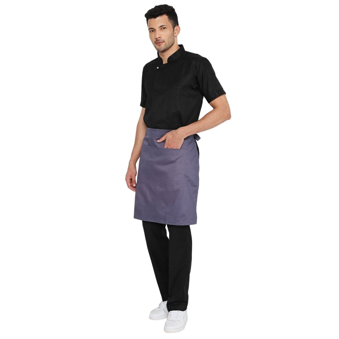 Grey apron pocket detail — front pocket for order pad and pen