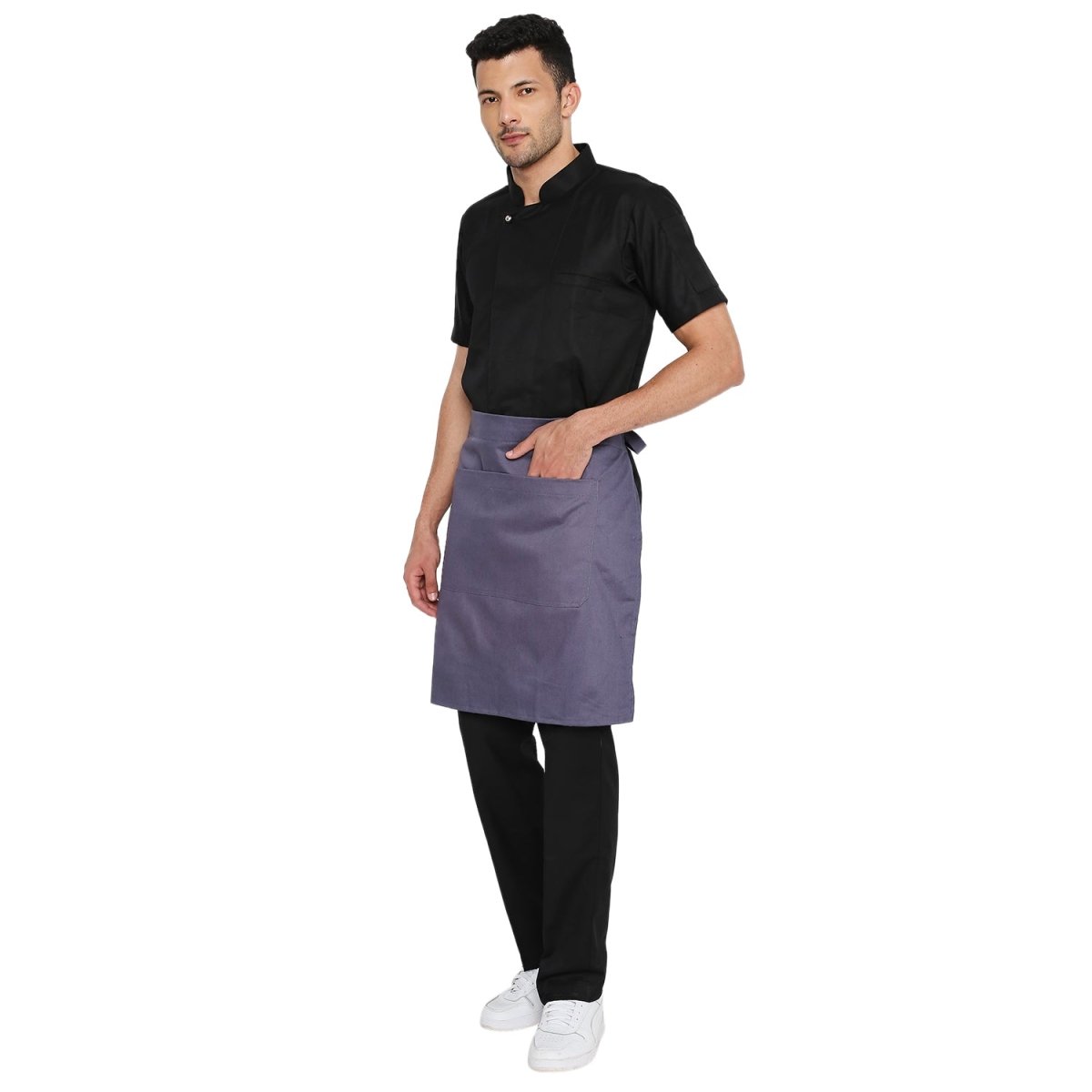 Grey apron pocket detail — front pocket for order pad and pen