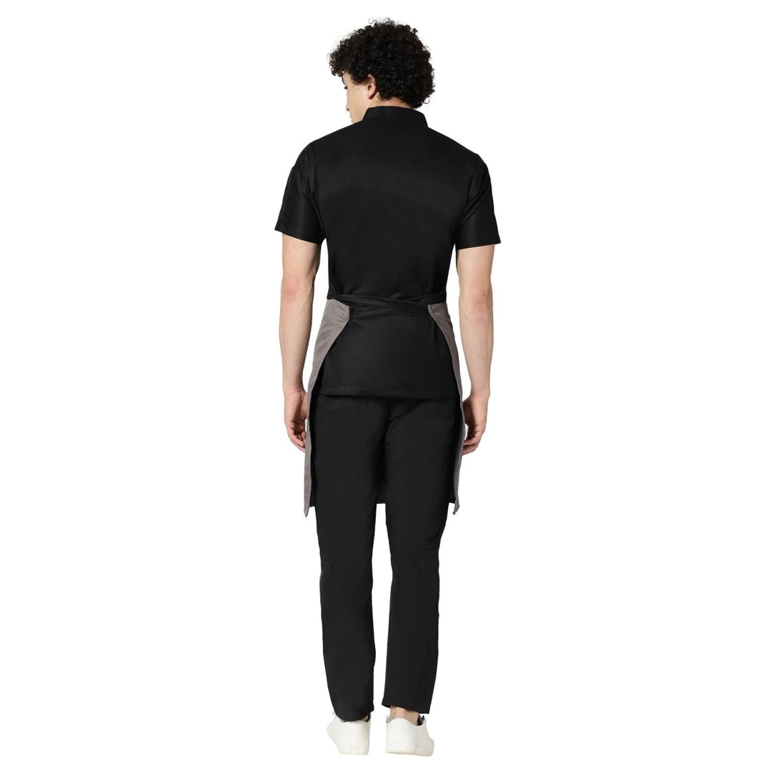 Grey black waist apron back view showing tie knot