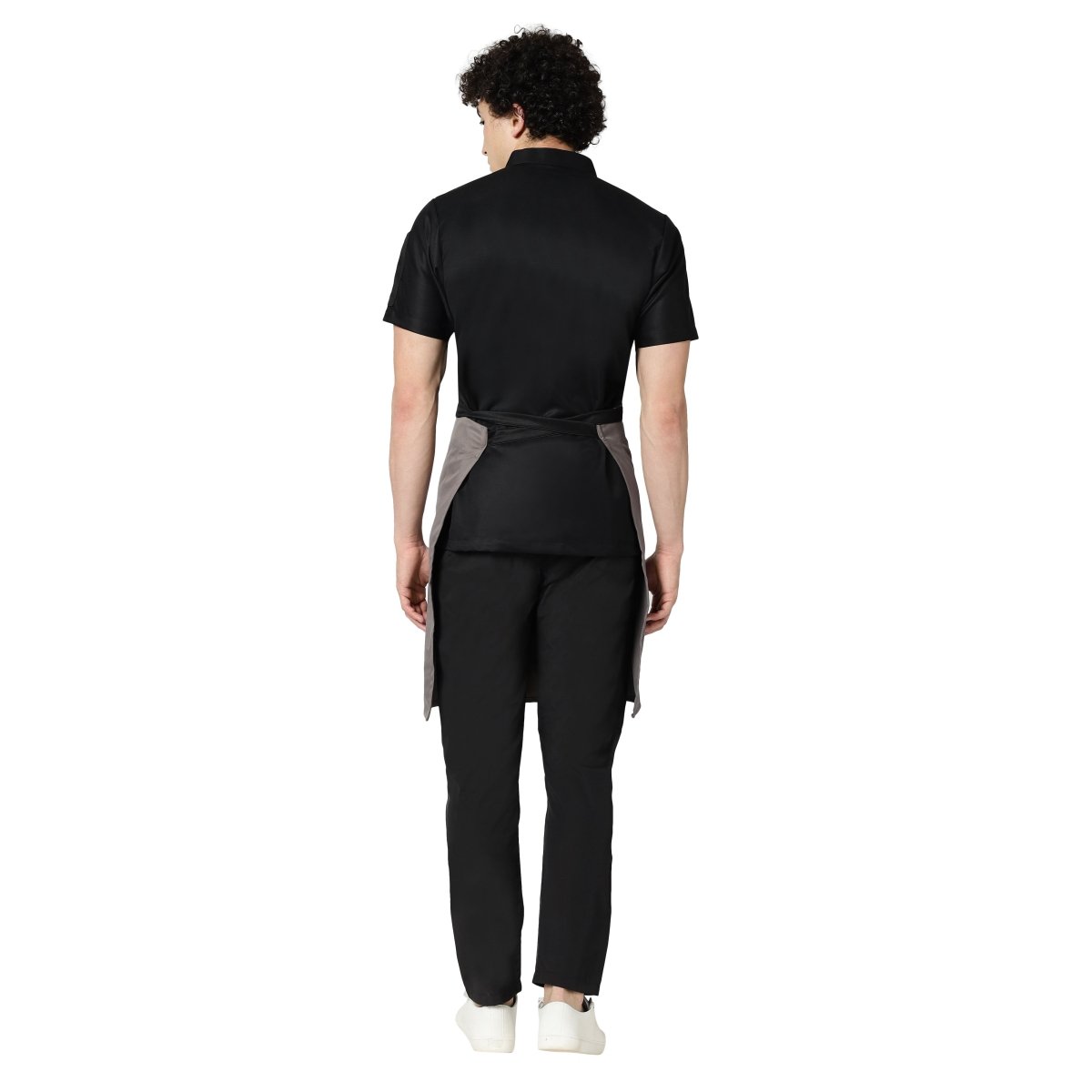Grey black waist apron back view showing tie knot