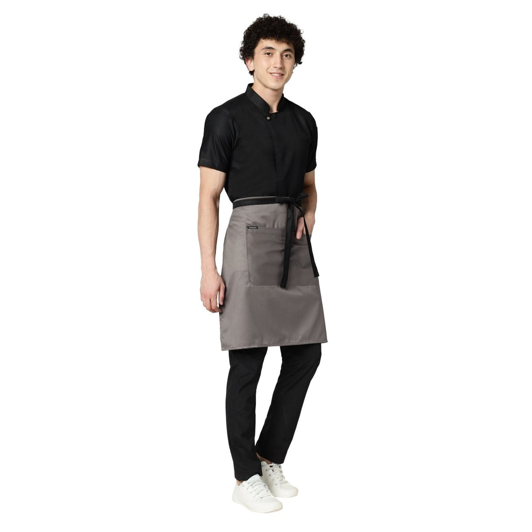 Grey black service apron on model — waiter and cafe staff uniform India