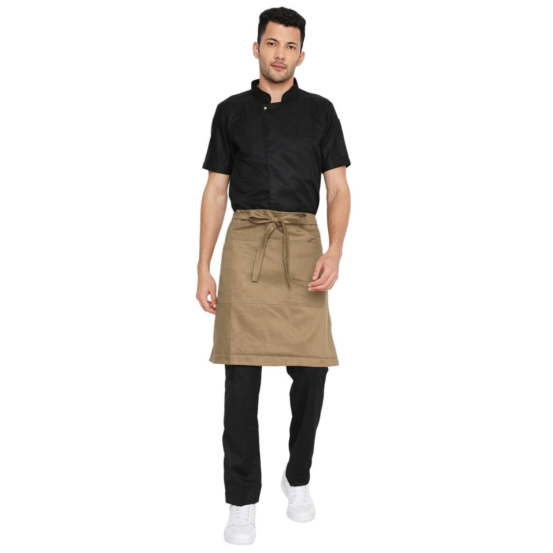 Khaki service waist apron front view — polycotton, pocket, long waist tie