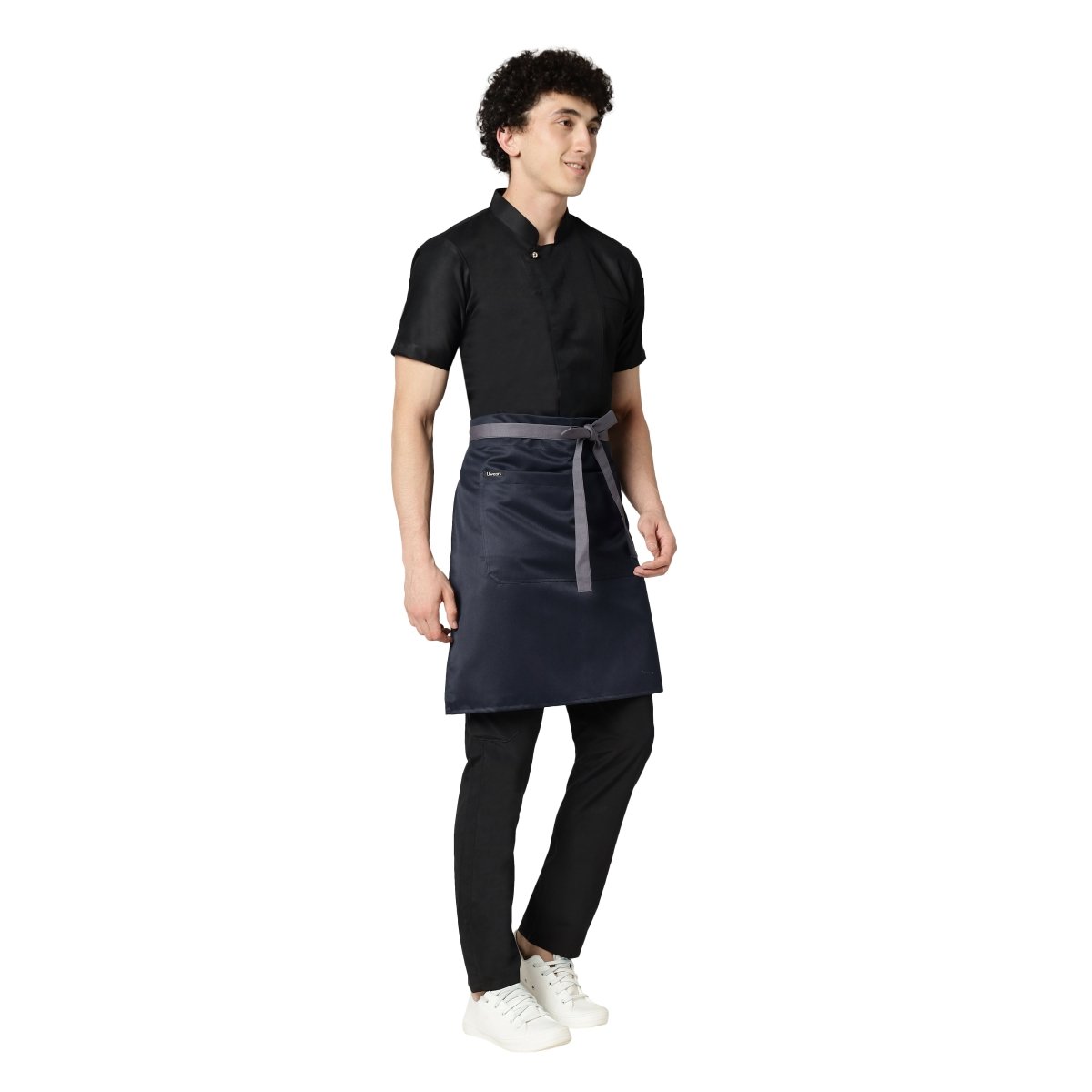 Navy grey waist apron pocket detail — front pocket for order pad
