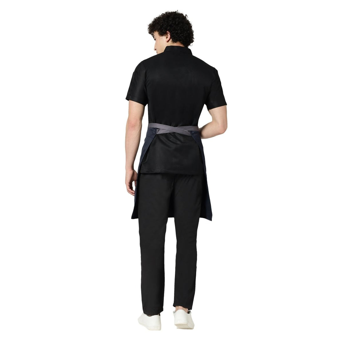 Navy blue grey service apron on model — waiter and cafe staff uniform India