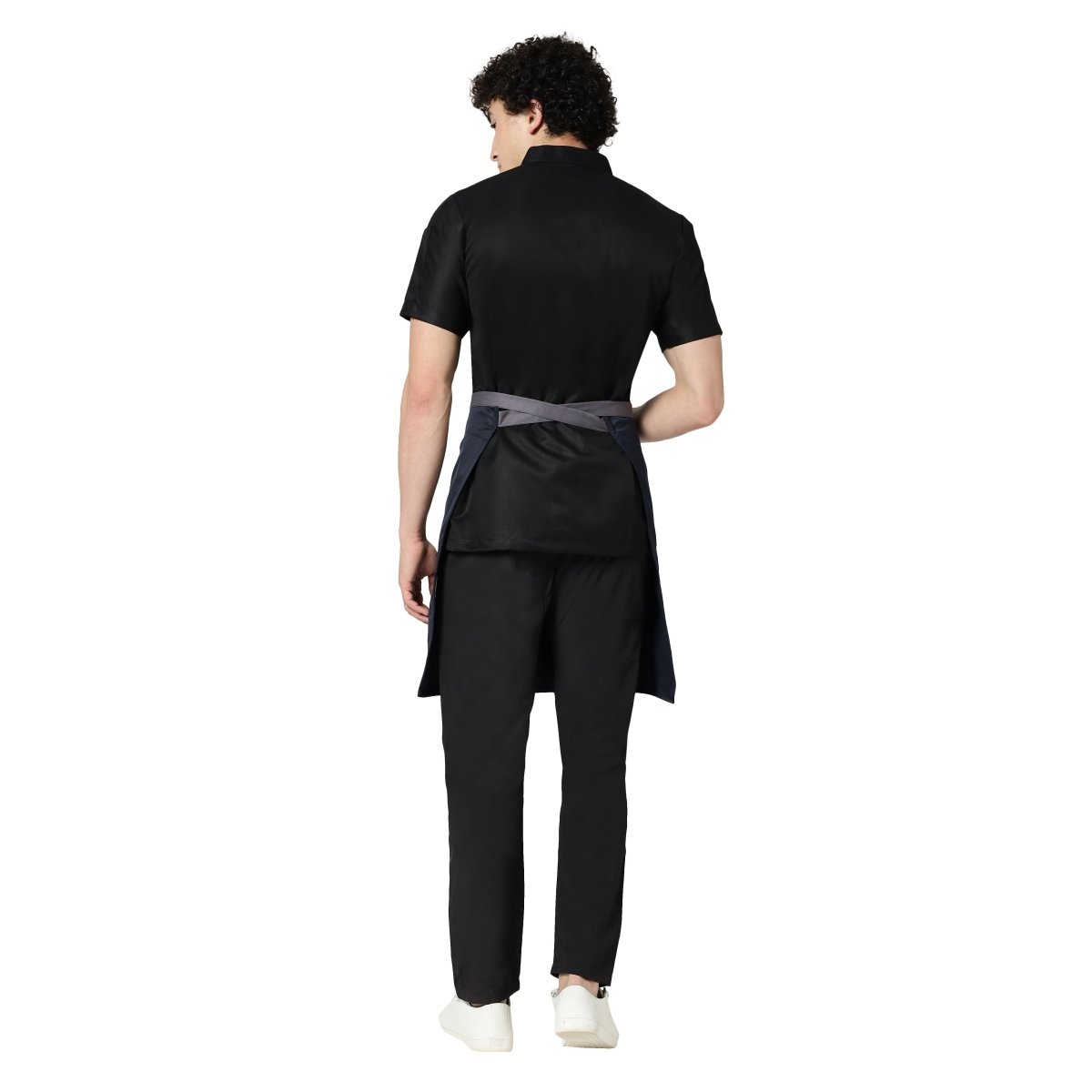 Navy blue grey service apron on model — waiter and cafe staff uniform India
