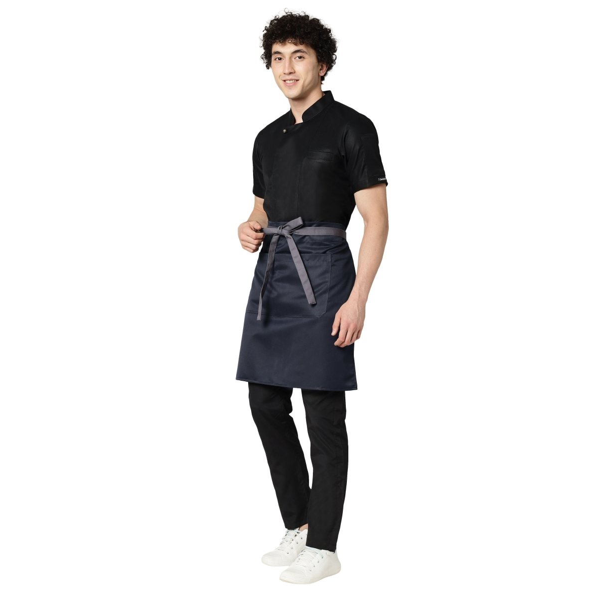 Navy blue grey waist apron back view showing tie knot