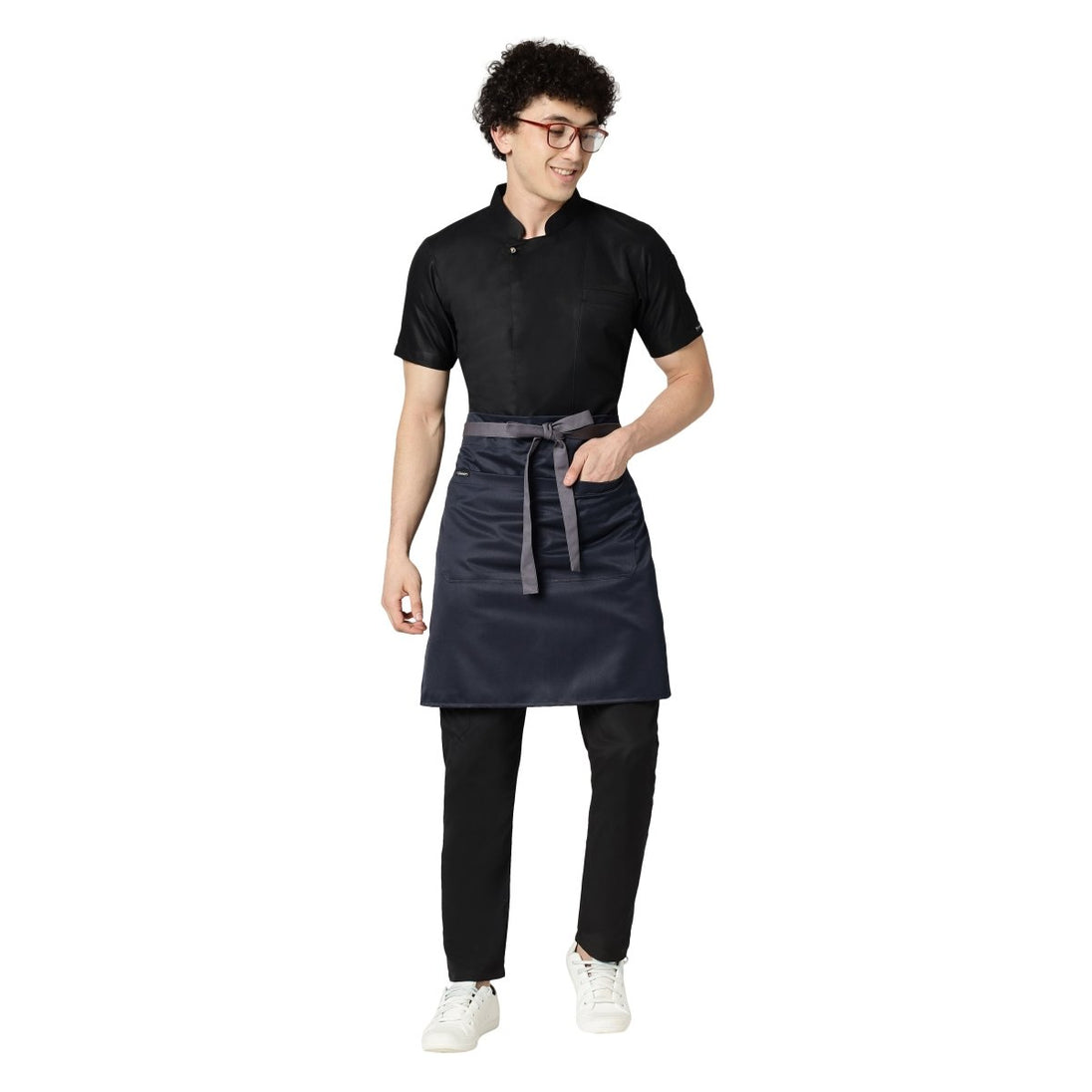 Navy blue and grey service waist apron front view — polycotton, long waist tie