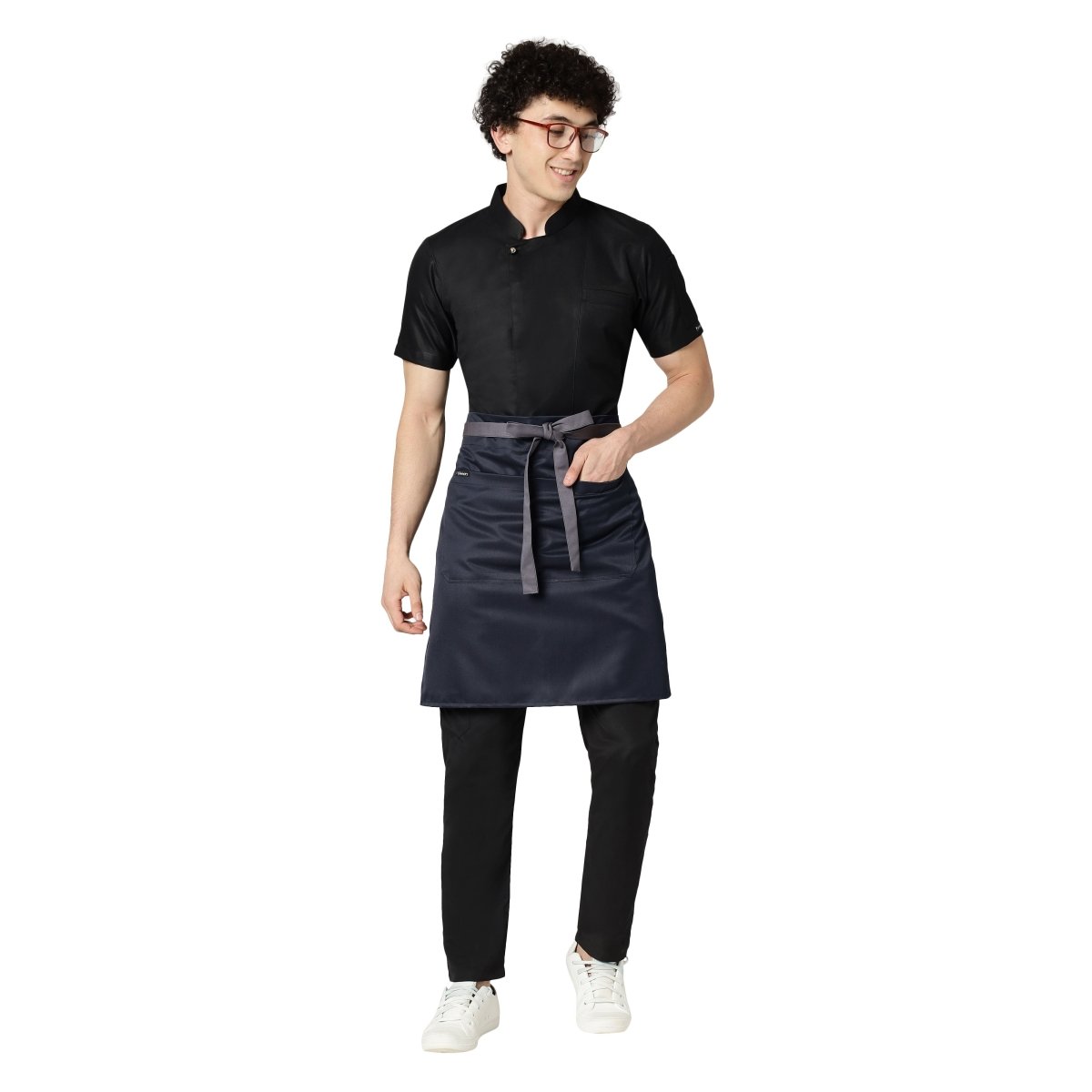 Navy blue and grey service waist apron front view — polycotton, long waist tie