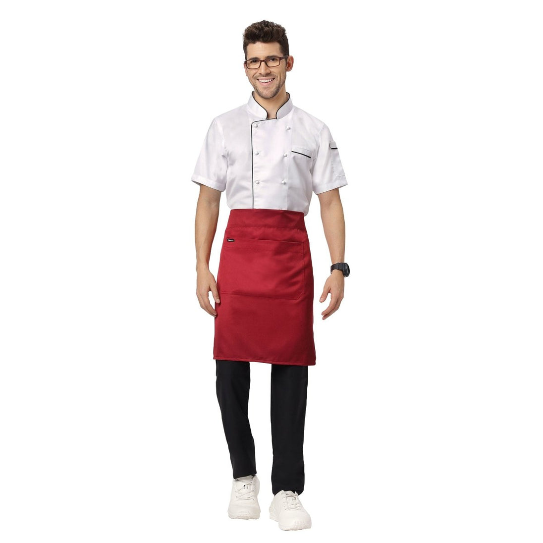 Red black service apron on model — waiter and cafe staff uniform India