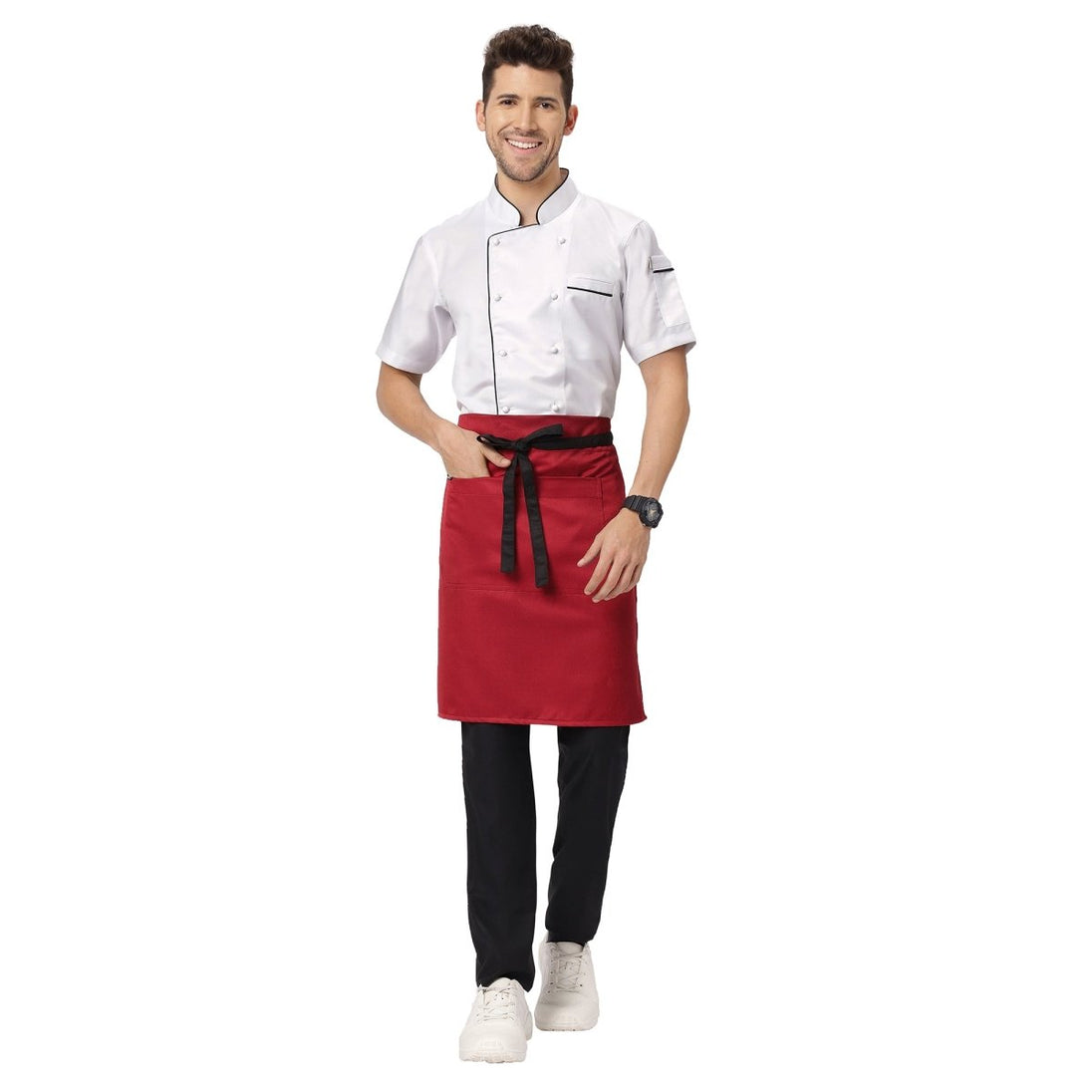 Red black waist apron back view showing tie knot