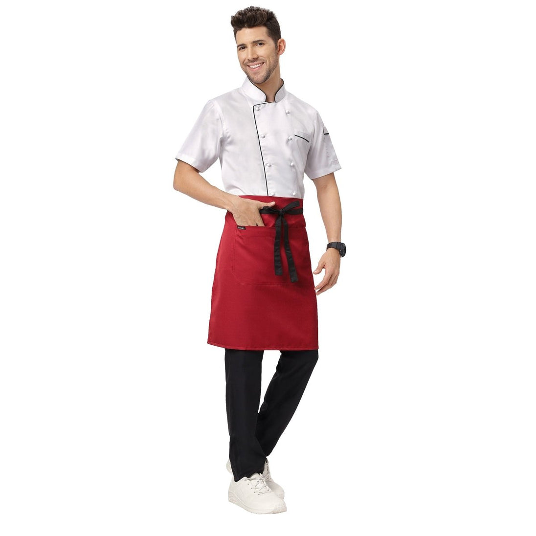 Red black apron pocket detail — front pocket for order pad and pen