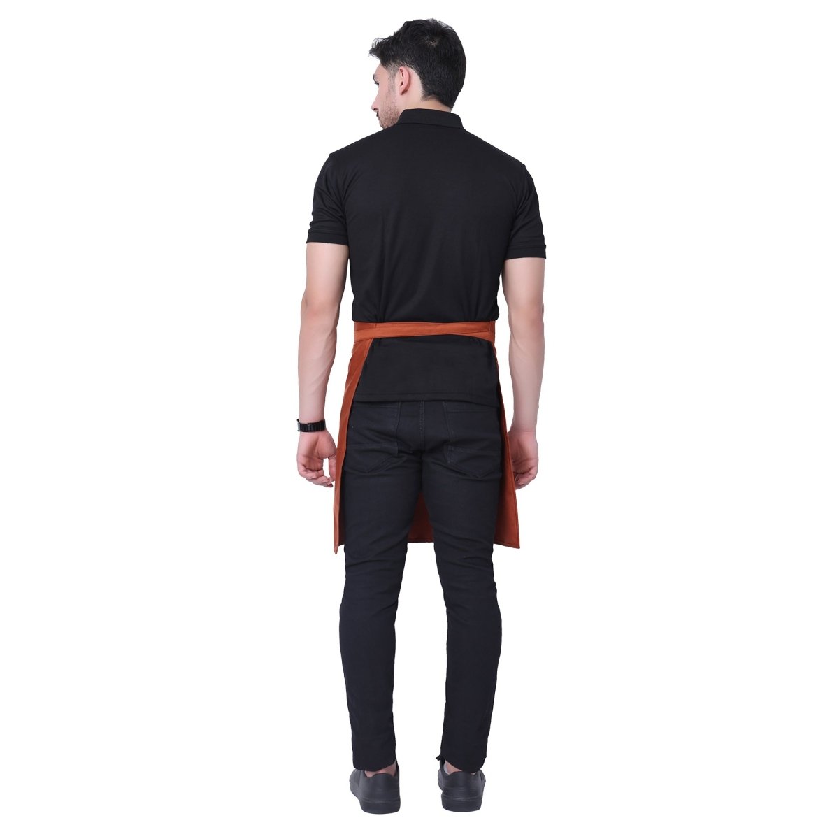 Rust orange apron pocket detail — front pocket for order pad and pen