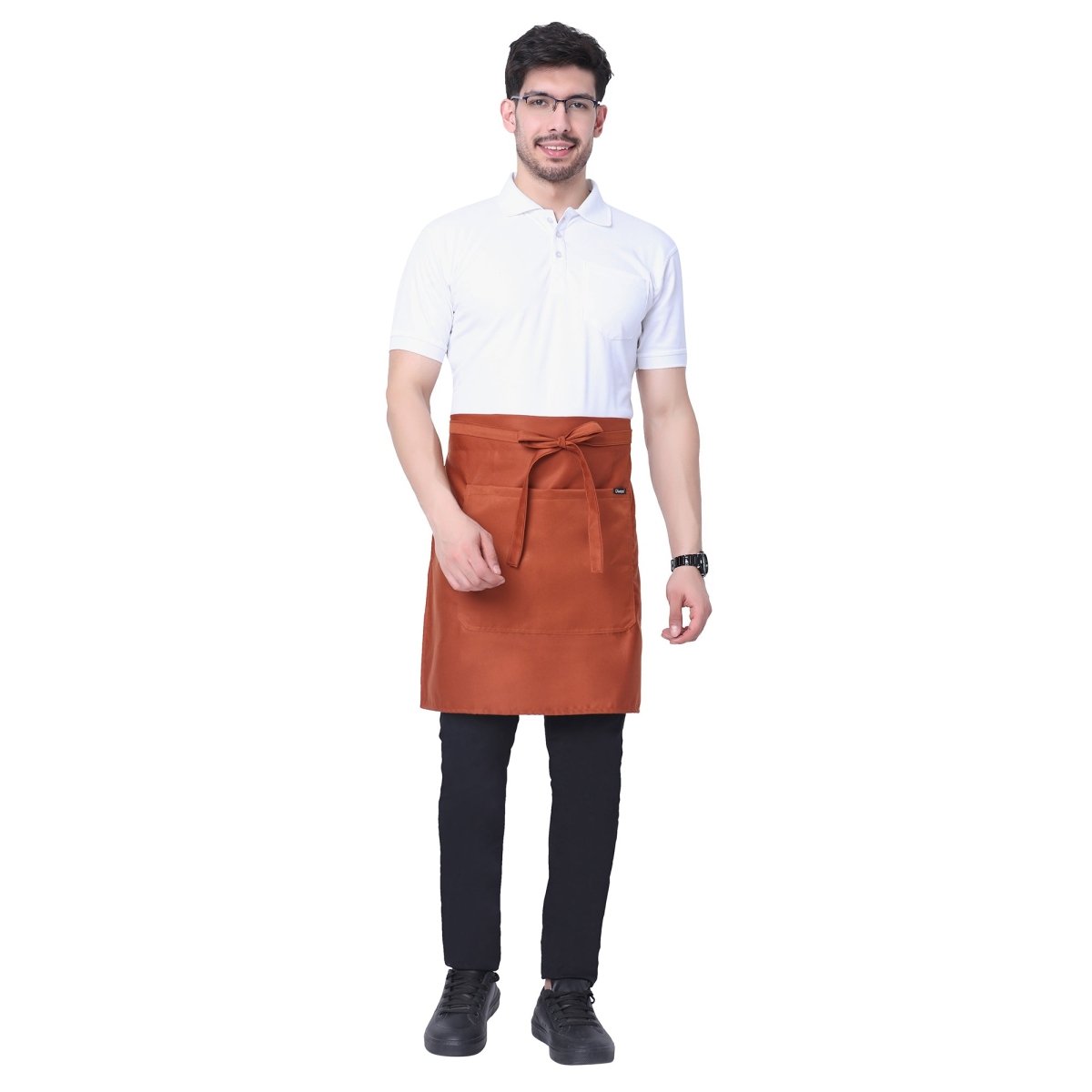 Rust orange waist apron back view showing tie knot