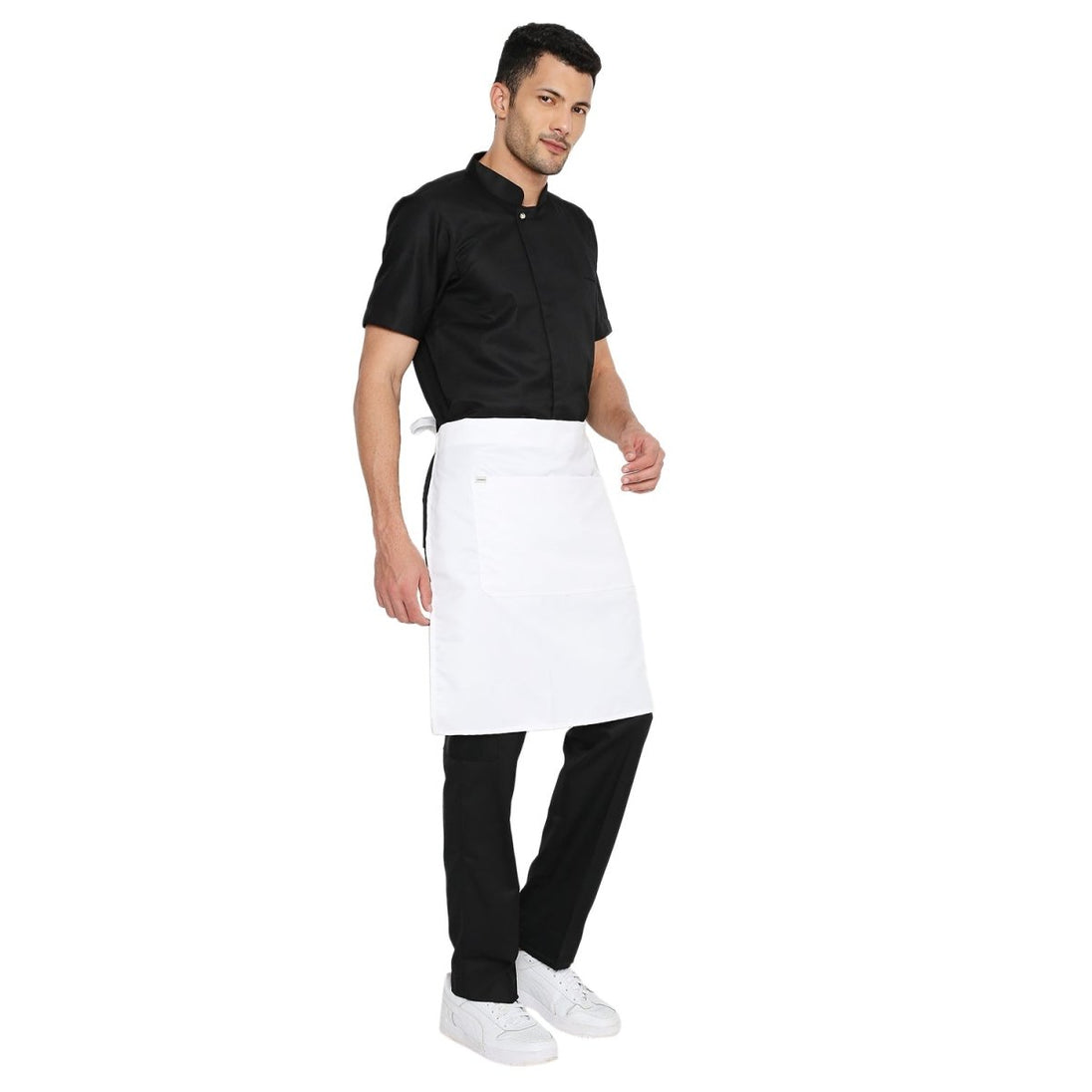White waist apron back view showing tie knot