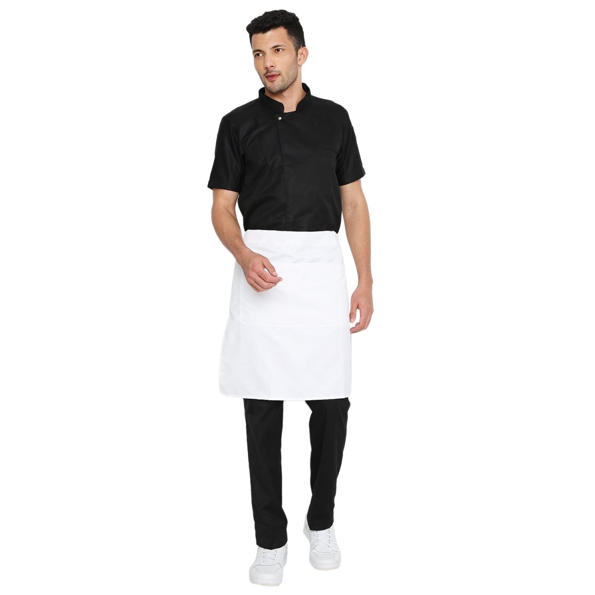 White apron pocket detail — front pocket for order pad and pen
