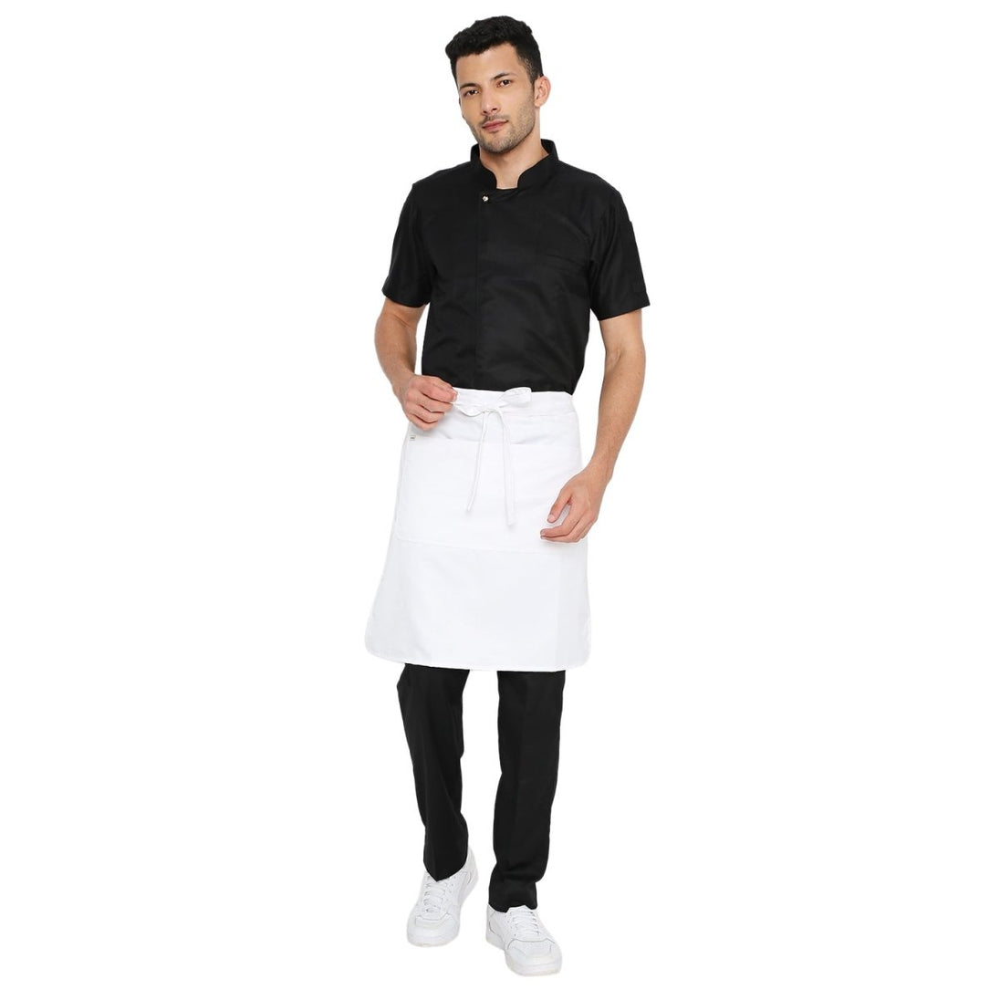White service waist apron front view — polycotton, long waist tie, pocket