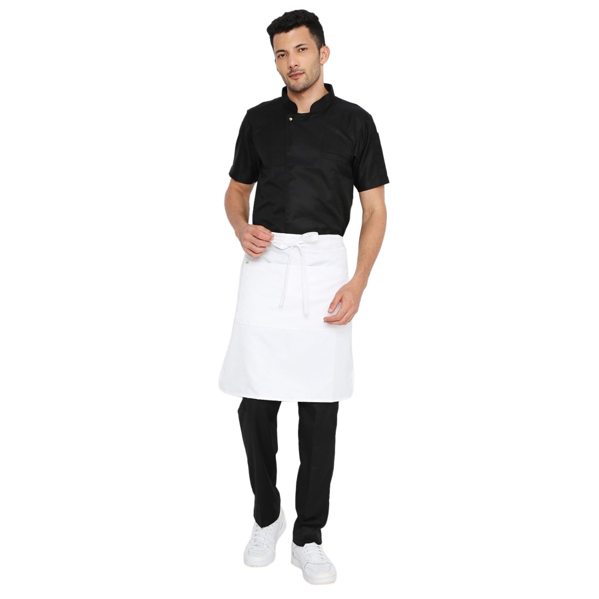 White service waist apron front view — polycotton, long waist tie, pocket