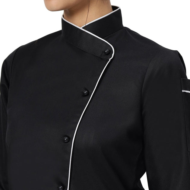 Classic Women Full Sleeve Chef Coat (Black/White) - Free Embroidery - Uwears®