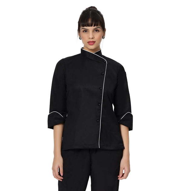 Classic Women Full Sleeve Chef Coat (Black/White) - Free Embroidery - Uwears®