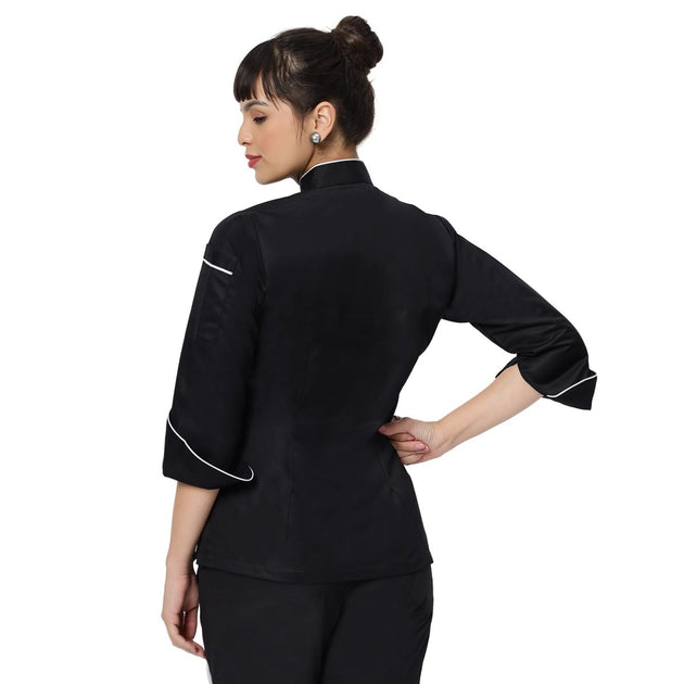 Classic Women Full Sleeve Chef Coat (Black/White) - Free Embroidery - Uwears®