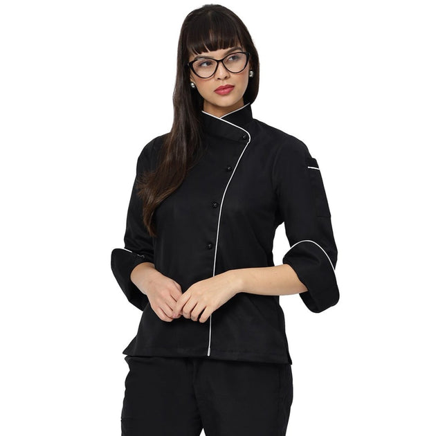 Classic Women Full Sleeve Chef Coat (Black/White) - Free Embroidery - Uwears®