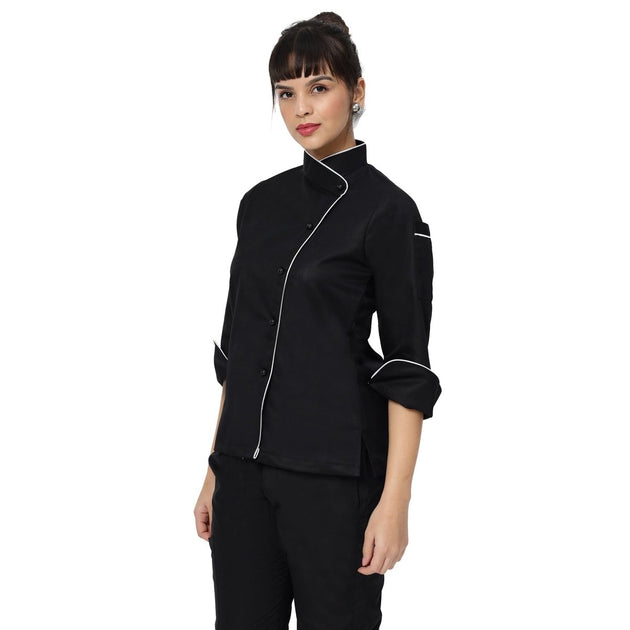 Classic Women Full Sleeve Chef Coat (Black/White) - Free Embroidery - Uwears®
