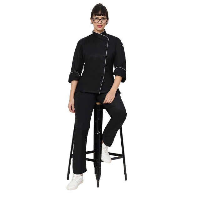 Classic Women Full Sleeve Chef Coat (Black/White) - Free Embroidery - Uwears®