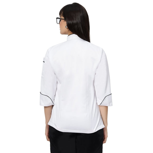 Classic Women Full Sleeve Chef Coat (White/Black) - Free Embroidery - Uwears®